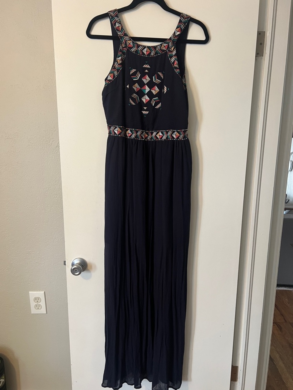 Navy Embroidered Maxi Dress with Geometric Accents